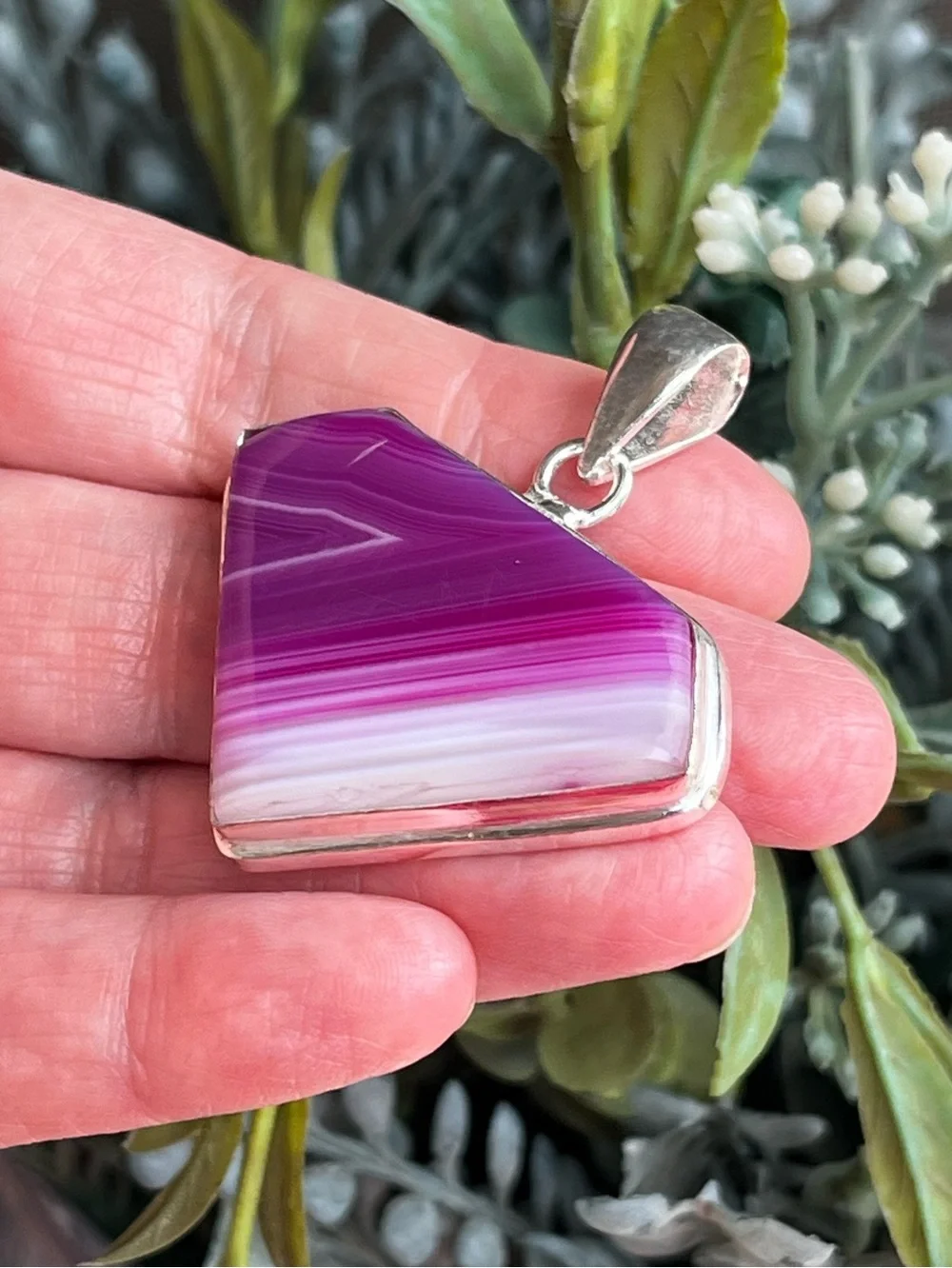 Banded Triangular Pink-Purple Agate 925 Silver 1.88” Pendant